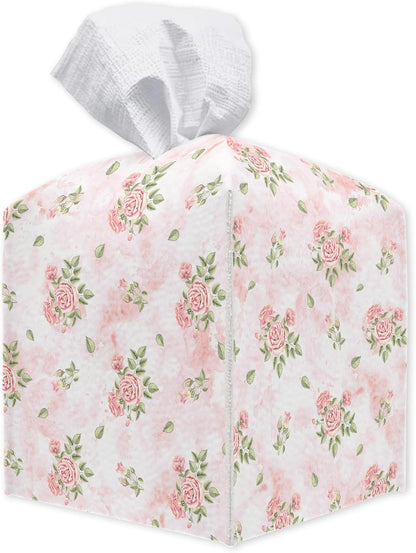 Pink Roses Tissue Box Cover Square - Decorative Waterproof Leather Tissue Box Holder for Home, Office, Bathroom - Paper Organizer Dispenser for Tabletop Countertop Night Stands Desk - A10