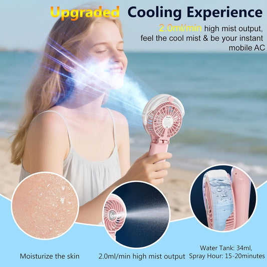 HandFan 5200mAh Upgraded Handheld Misting Fan, Personal Mister Fan, Spray Water Mist Fans USB Rechargeable, Electric Mini Cooling Ice AC Fans for Summer Beach Travel Gifts for Women(Pink)