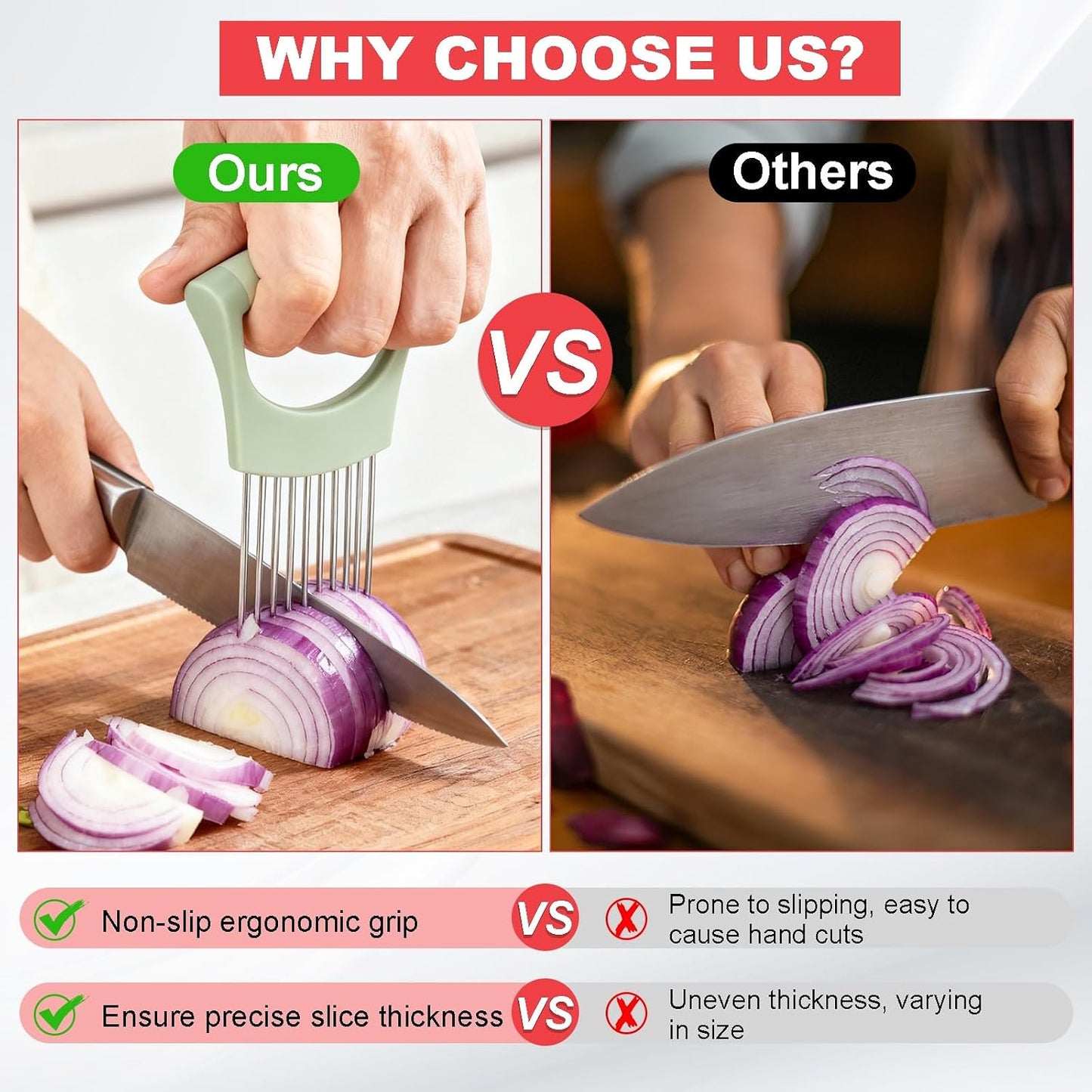 uxcell 4 Pcs Onion Slicer Holder, Stainless Steel Vegetable Cutting Holder Food Cutter Tool for Slicing Storing Onions Tomatoes Potatoes Avocados Apples, Black Red/Black Grey/Green/Pink