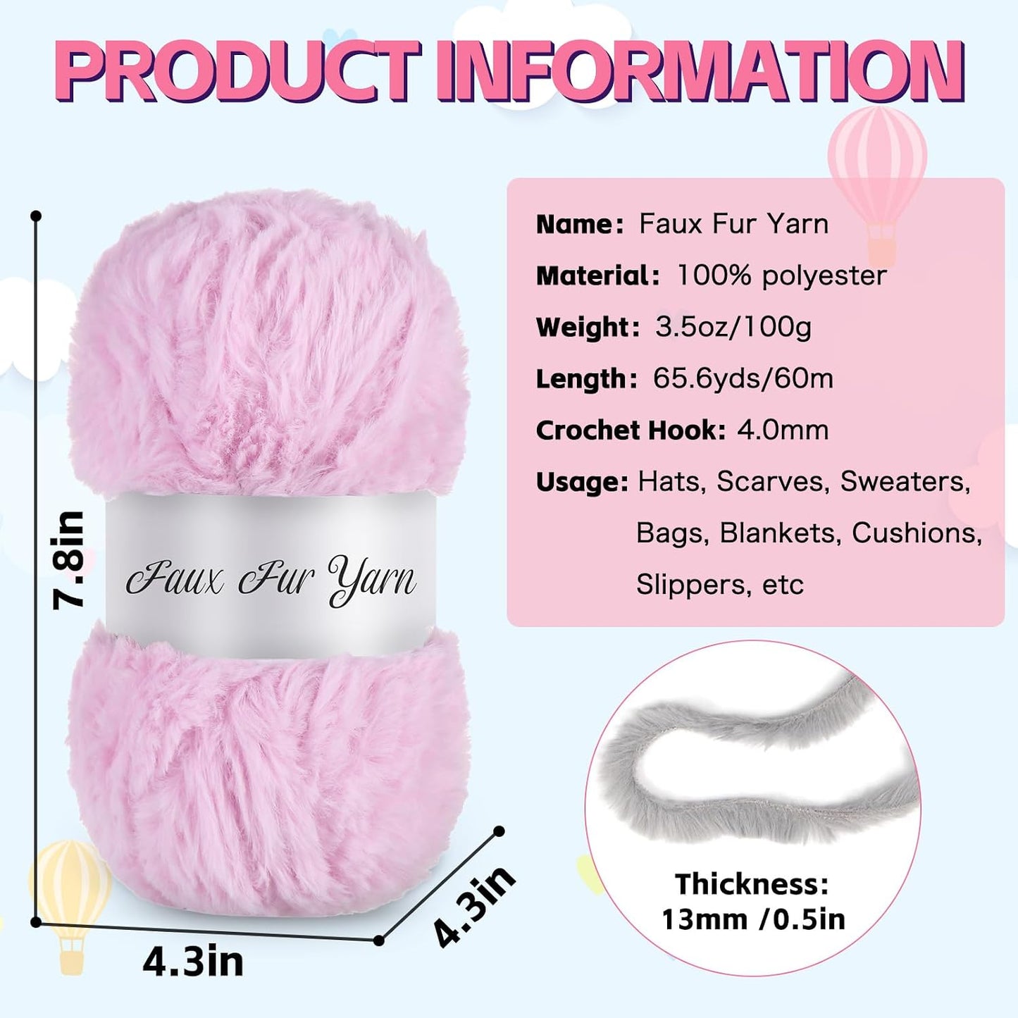 3 Skeins Faux Fur Yarn Soft Fluffy for Crocheting,Chunky Fuzzy Eyelash Yarn for Crochet Hats, Scarves, Bags, Cushions(Pink)