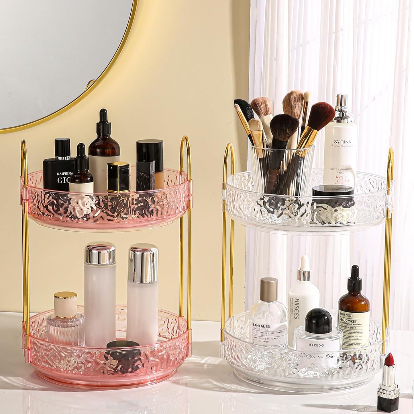 Fangoo 2 Tiers Pink Rotating Makeup Organizer for Vanity, 360 Spinning Skincare Organizers for Dresser Perfume Organizer Large Skincare Make up Storage Cosmetic Organizer for Bathroom Countertop