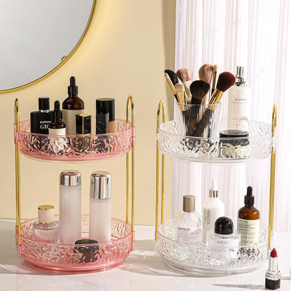Fangoo 2 Tiers Pink Rotating Makeup Organizer for Vanity, 360 Spinning Skincare Organizers for Dresser Perfume Organizer Large Skincare Make up Storage Cosmetic Organizer for Bathroom Countertop