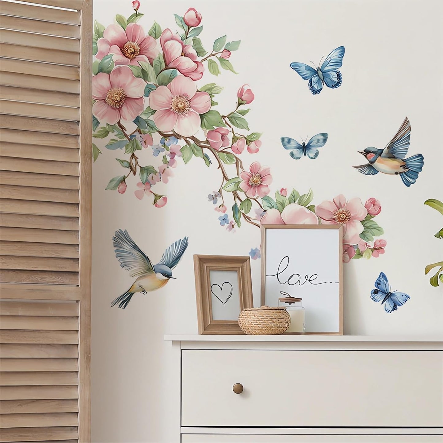 Peach Blossom Branch Birds Butterfly Wall Stickers, sacinora Floral Art Wall Decals Removable Vinyl Peel and Stick for Living Room Bedroom Nursery Home Decorations