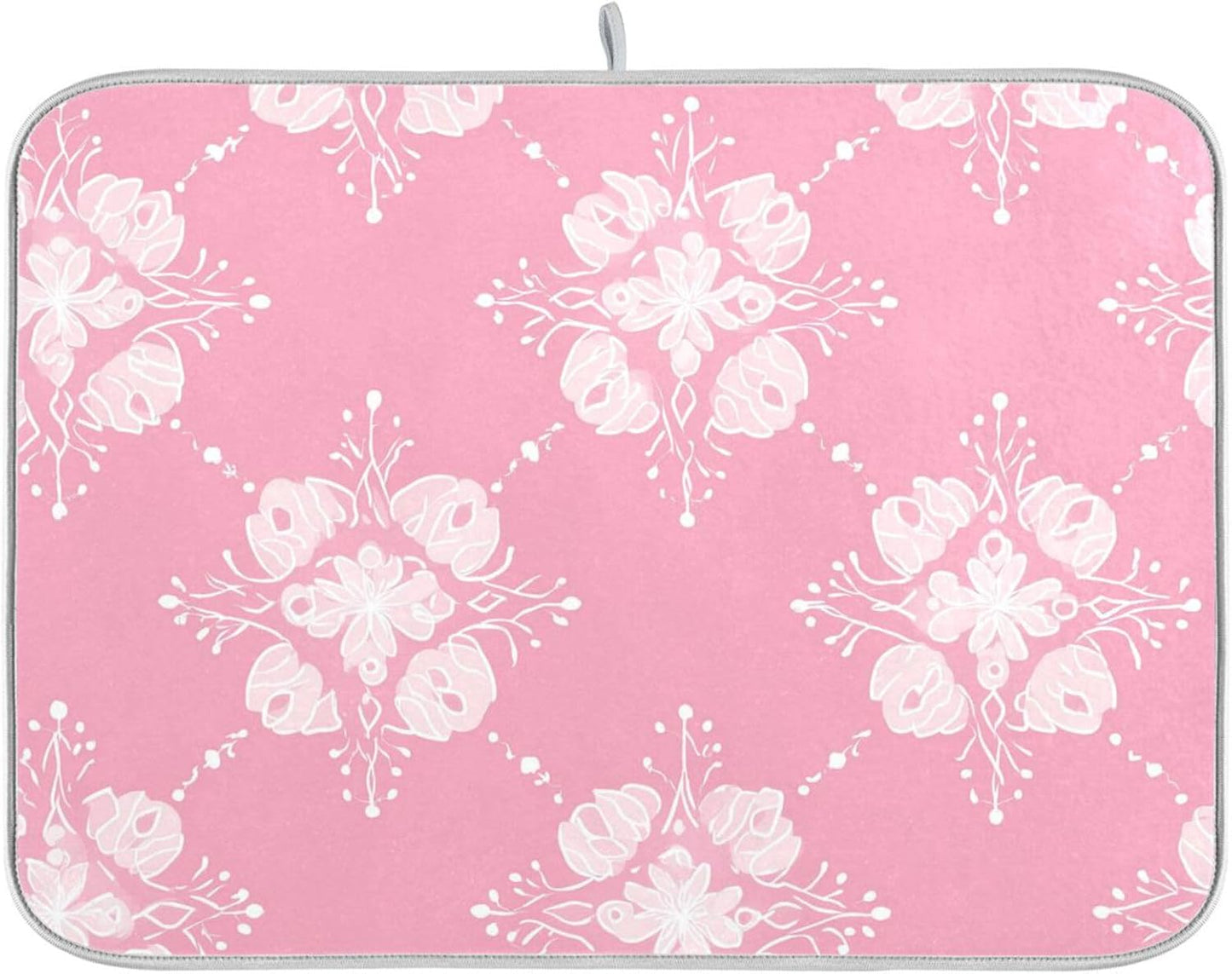 OTVEE Light Pink Pattern Dish Drying Mat for Kitchen Counter Absorbent Heat Resistant Microfiber Dishes Drainer Mat 16x18 in Dish Pad Sink Mat Protective Pad Kitchen Decor