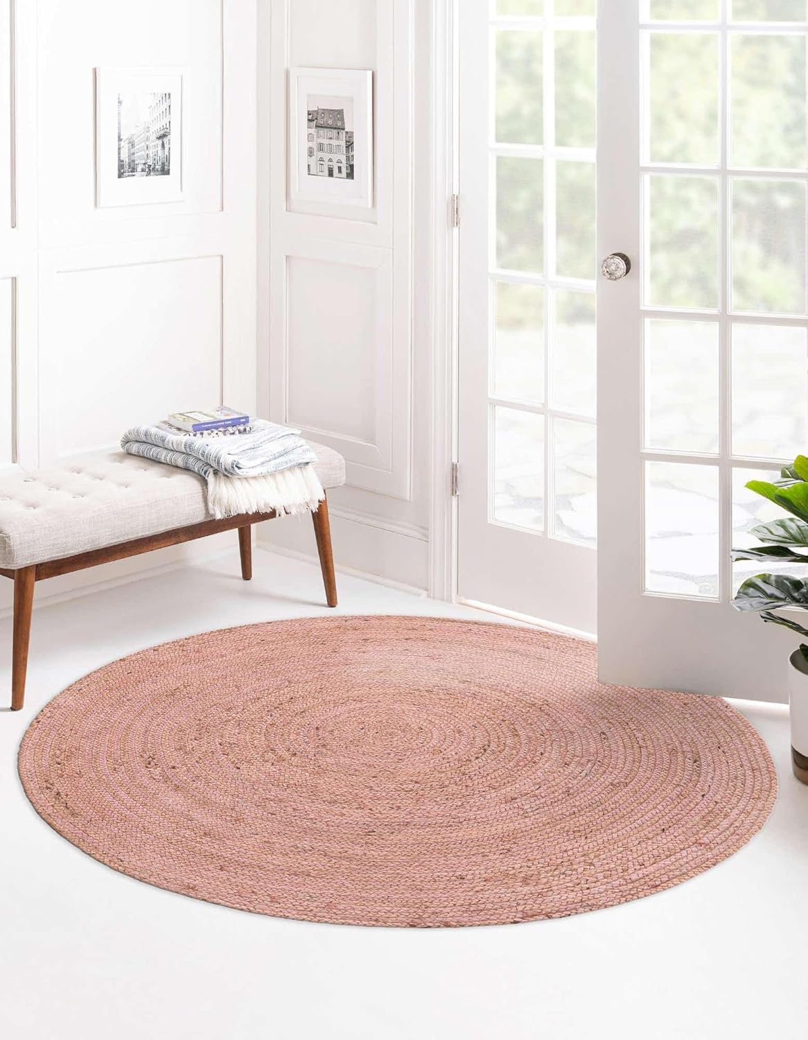 Unique Loom Braided Jute Collection Area Rug - Dhaka (3' 3" Round, Light Pink)