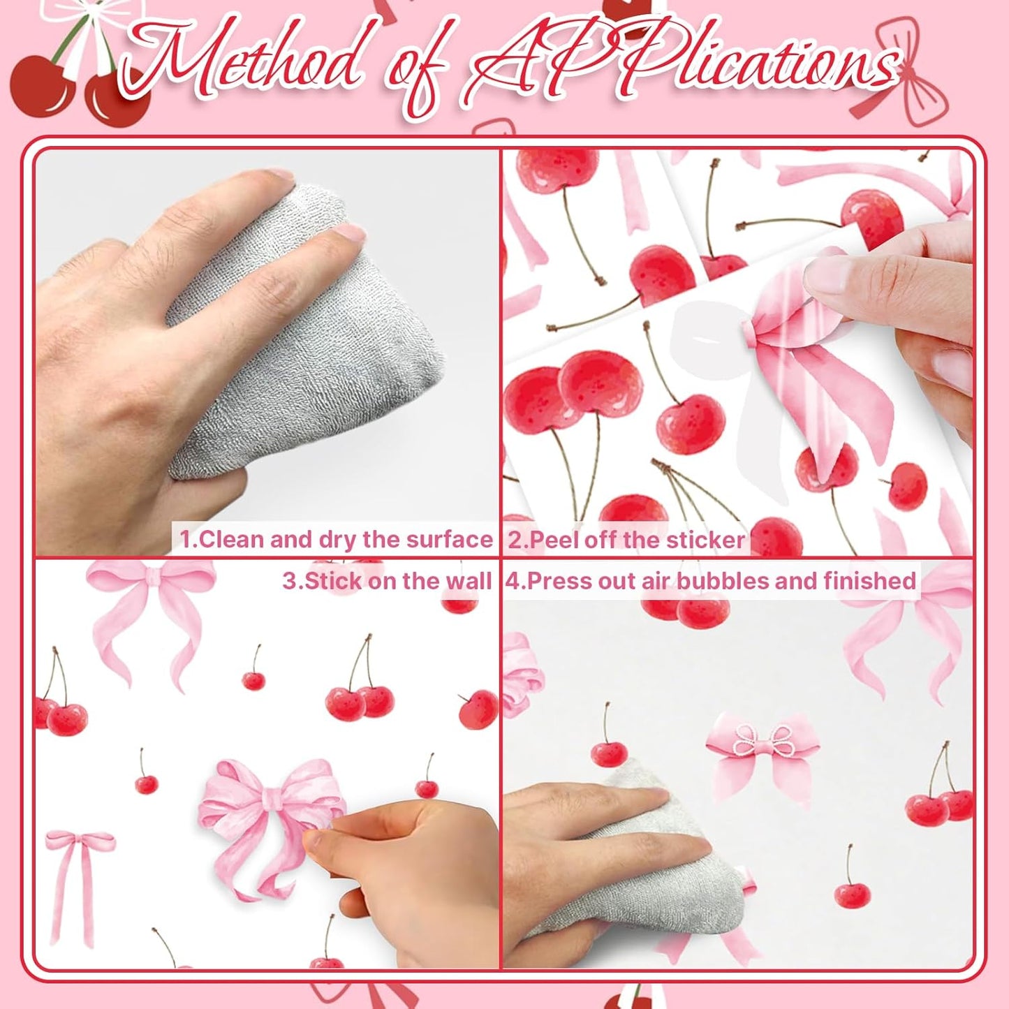 Bow and Cherry Wall Decals, 86Pcs Pink Coquette Bows Cherries Wall Stickers Peel and Stick for Girls Bedroom Nursery Kindergarten Coquette Wall Decorations 8 Sheets
