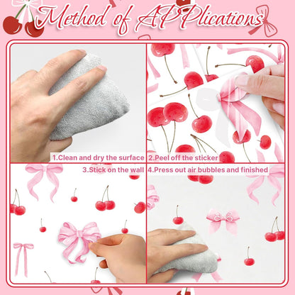 Bow and Cherry Wall Decals, 86Pcs Pink Coquette Bows Cherries Wall Stickers Peel and Stick for Girls Bedroom Nursery Kindergarten Coquette Wall Decorations 8 Sheets