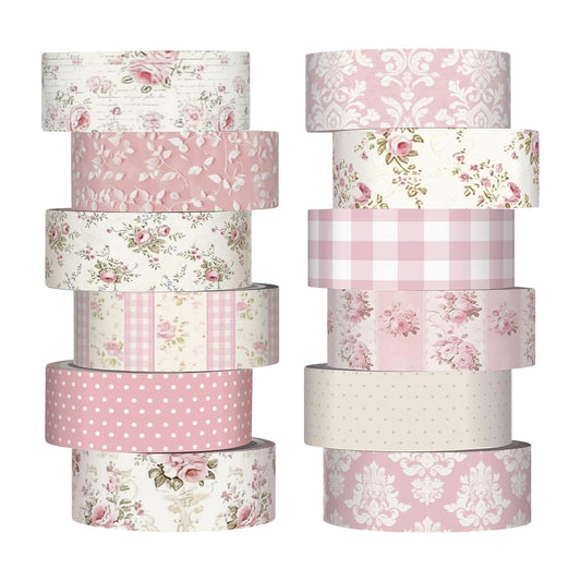 12 Rolls Watercolor Floral Washi Tape Set 15 mm Vintage Flower Decorative Masking Tape for Summer School Arts DIY Craft Scrapbook Journal Supplies Gifts(Light Pink,Polka Dots and Floral)