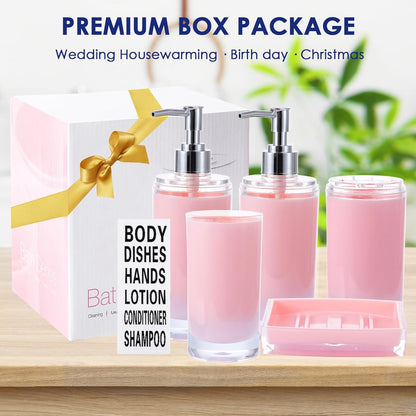 Pink Bathroom Accessories Set 6 Pieces Acrylic, Include Soap Dispenser, Toothbrush Holder, Tumbler, Soap Dish, Lables, Bathroom Countertop Set, Cute Bathroom Sink Decor