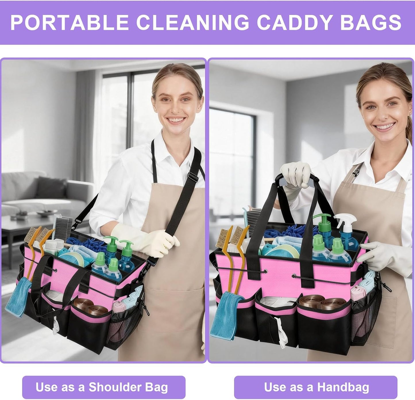 ALSLEA Cleaning Caddy Bag Heavy-Duty Organizer Tote for Housekeepers, Janitors & Home Cleaning Supplies with Adjustable Shoulder Strap & Multiple Pockets (Pink)