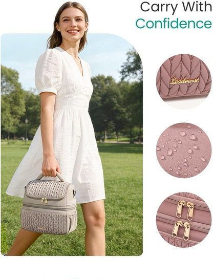 Lunch Bag Women, Double Deck Insulated Lunch Box - Large Capacity 12L with Detachable Divider for Tall Items, Leakproof, Durable & Reusable Cooler Bag For Work Picnic Travel, Quilted Pink