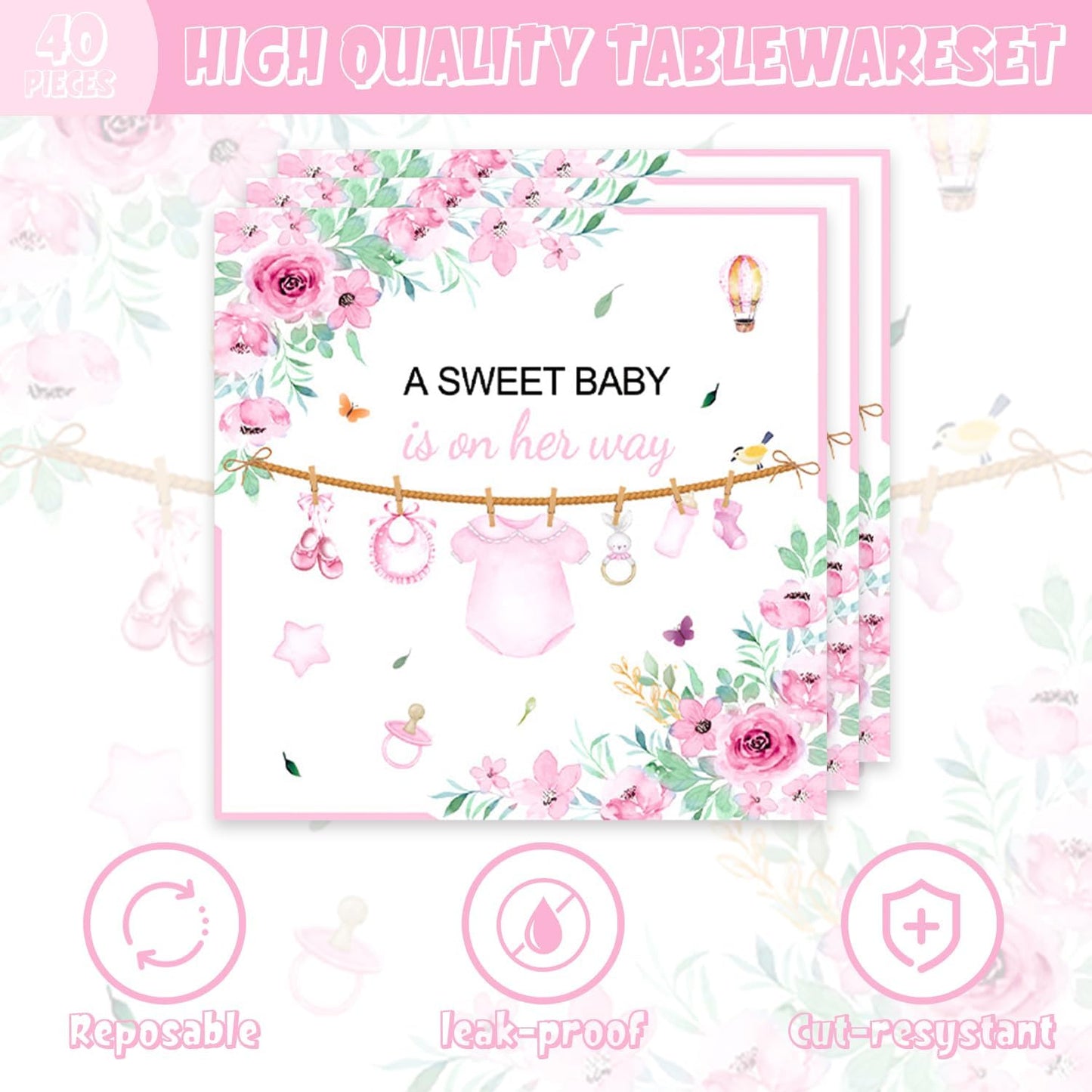 40pcs Pink Floral Baby Girl Shower Decorations Girls Gender Reveal Supplies Spring Rose Pink Girl Small Baby Shower Plates and Napkins for Babies Girls,Suitable for 20 Guests.