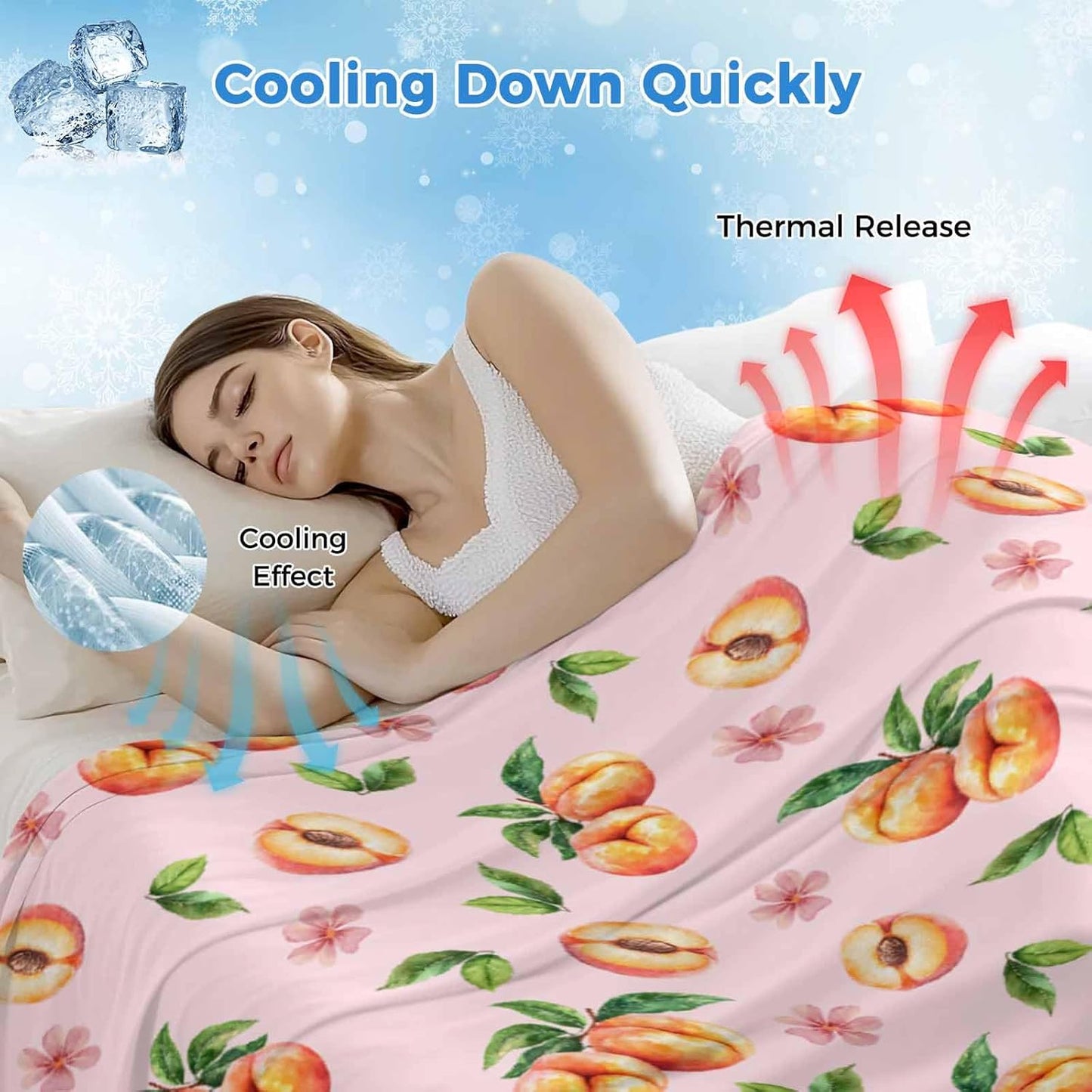 Peaches Cooling Blankets for Hot Sleepers Summer Fruit Flowers Pink Cool Throw Blanket, Lightweight Ice Blanket 30" x 40" Summer Cold Blankets for Night Sweats