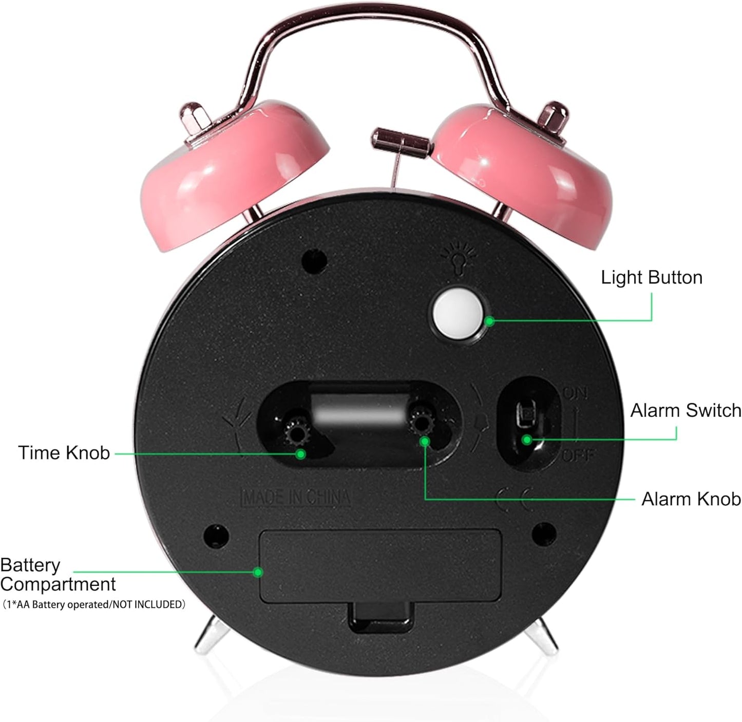 AYRELY® Super Loud Twin Bell Alarm Clock for Heavy Sleepers, 4-Inch Silent Non-Ticking Quartz with Backlight, Metal Cute Clock for Kids' Rooms (Pink)