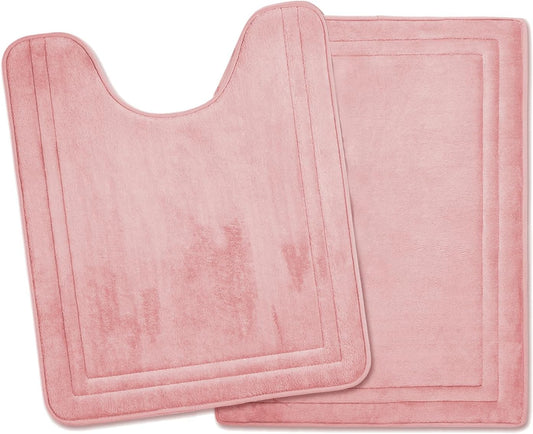 Pink Bathroom Rug Set of 2 Memory Foam Bath Mat and U-Shaped Contour Toilet Rug Non Slip Washable Floor Mats Soft Absorbent Plush Microfiber Shower Tub Bathrug Blush,24"x17"+24"x20"