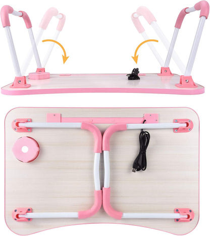 Slendor Lap Desk with Cup Holder, Foldable Laptop Table for Bed, Portable Bed Desk for Laptop and Writing, Computer Tray with Tablet Slot, Notebook Stand Reading Holder for Couch Sofa Floor,Pink