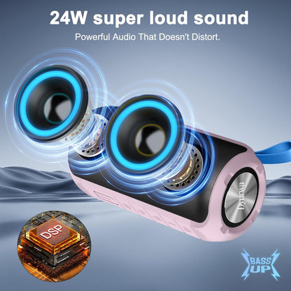 Bluetooth Speaker, 2026 NEW Portable Wireless Speaker, 24W Super Loud,TWS Pairing, Colorful RGB Lights, IPX7 Waterproof, 12H Playtime, HD Call for Outdoor/Home/Party/Beach, White Elephant Gift Pink
