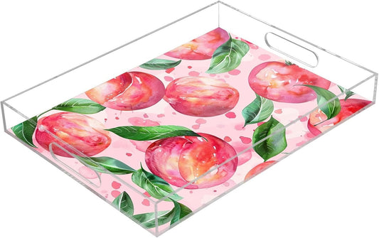 Watercolor Peach Acrylic Serving Tray with Handles, 12x16 Inch Spill Proof Clear Decorative Tray for Ottoman Coffee Table Countertop