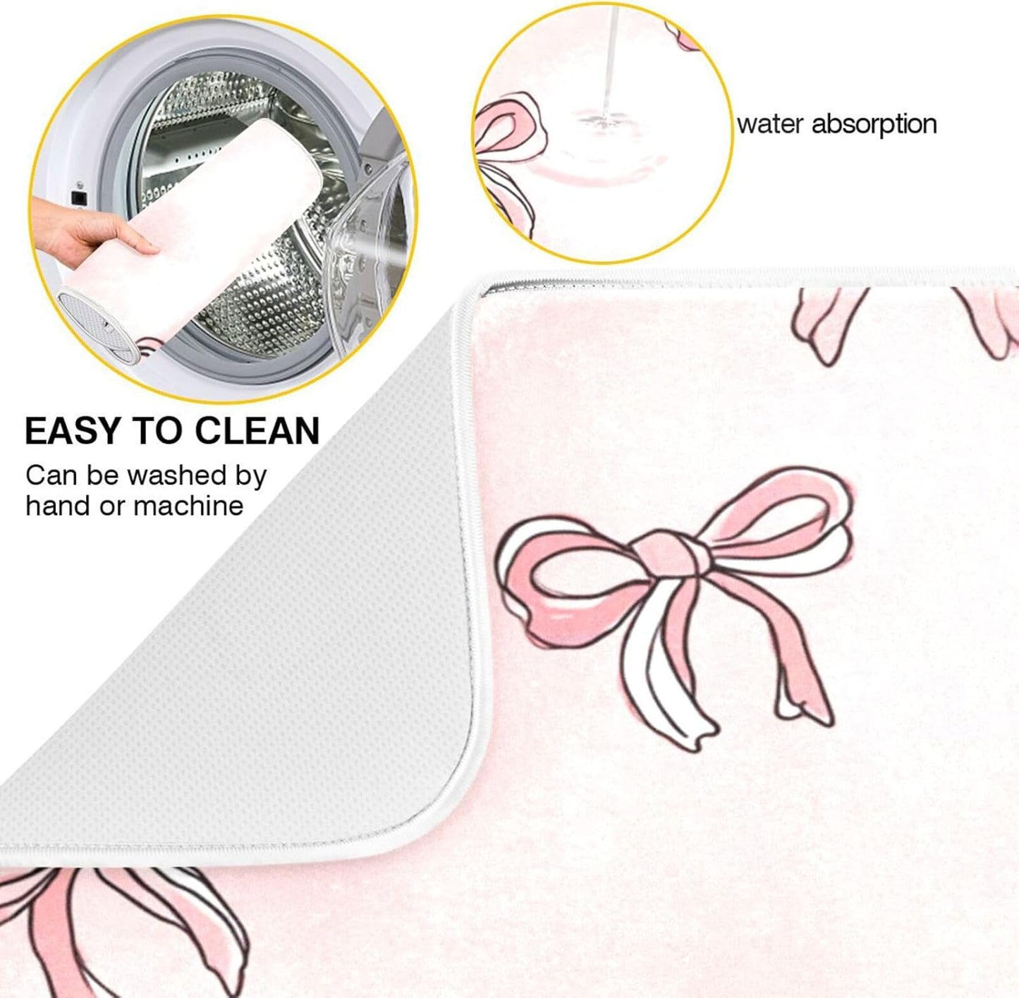 Boccsty Pink Bows Light Pink Cute Dish Drying Mat for Counter Drying Kitchen Mats Coffee Bar Mats for Countertops Dishes Utensils Sinks 18 x 24 IN