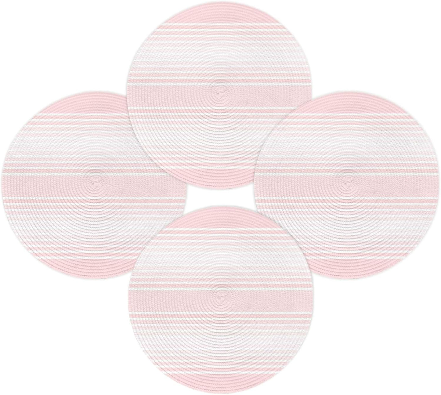 Pink Striped Round Placemats Set of 4 for Dinning Tables,Heat-proof Braided Table Mats 15 Inch,Pink Ombre Farmhouse Stripes Washable Place Mat for Kitchen Restaurant Party Decor Supplies Table Setting