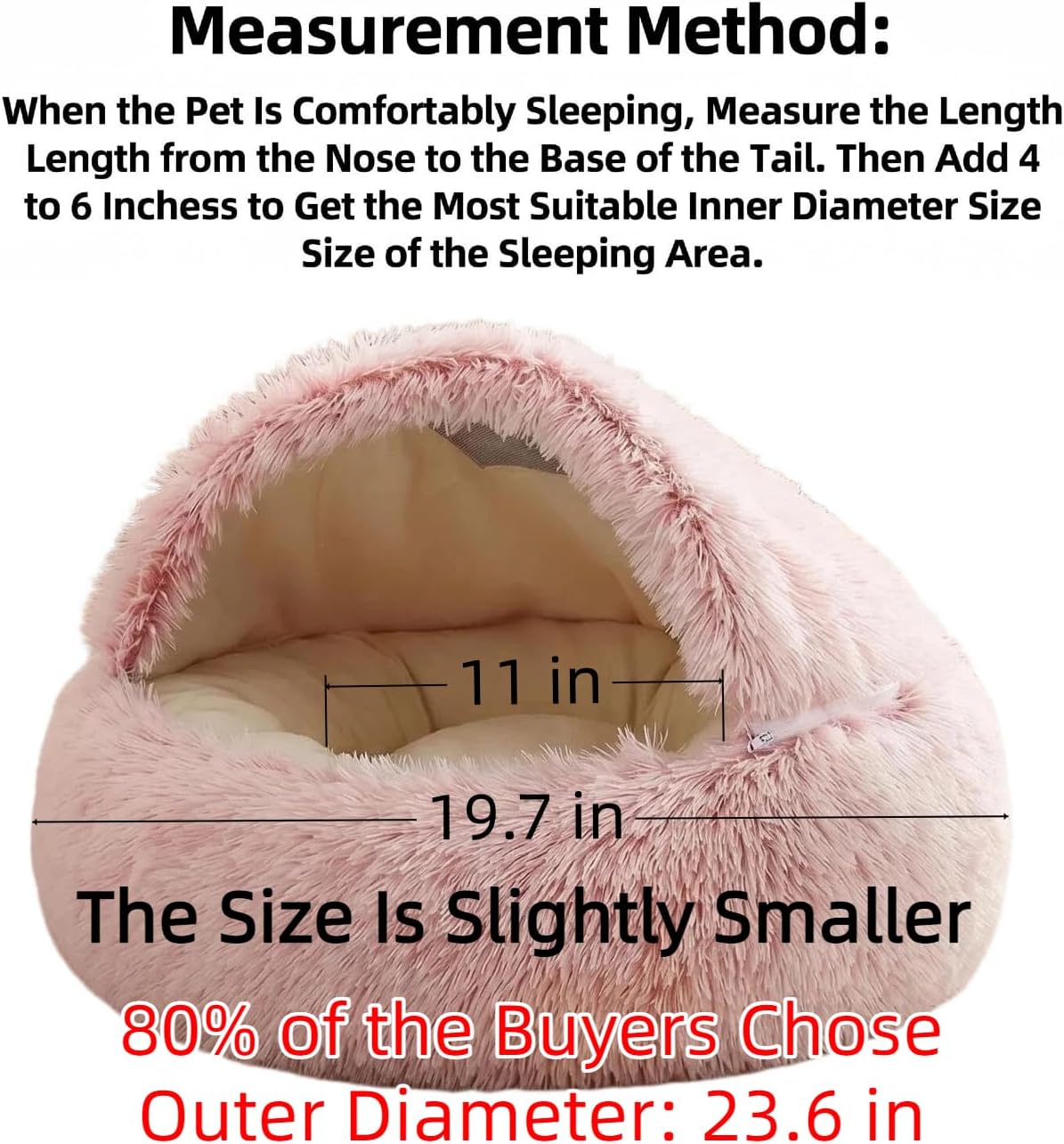 Cozy Zipper Convertible Cat Bed Cave, 2 in 1 Round Plush Donut Dog Bed with Removable Hood, Warm Fuzzy Enclosed Pet Nest Bed for Small Dogs Kittens, Machine Washable (Pink, 19.7 in Small Size)