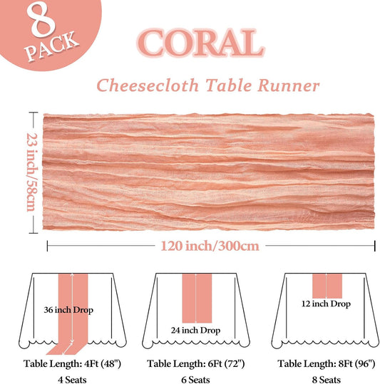 8 Pack Coral Cheesecloth Table Runner 10Ft Gauze Peach Cheese Cloth Table Runner 120 Inch Boho Sheer Rustic Fabric for Holiday Decor Bridal Baby Shower Wedding Decoration