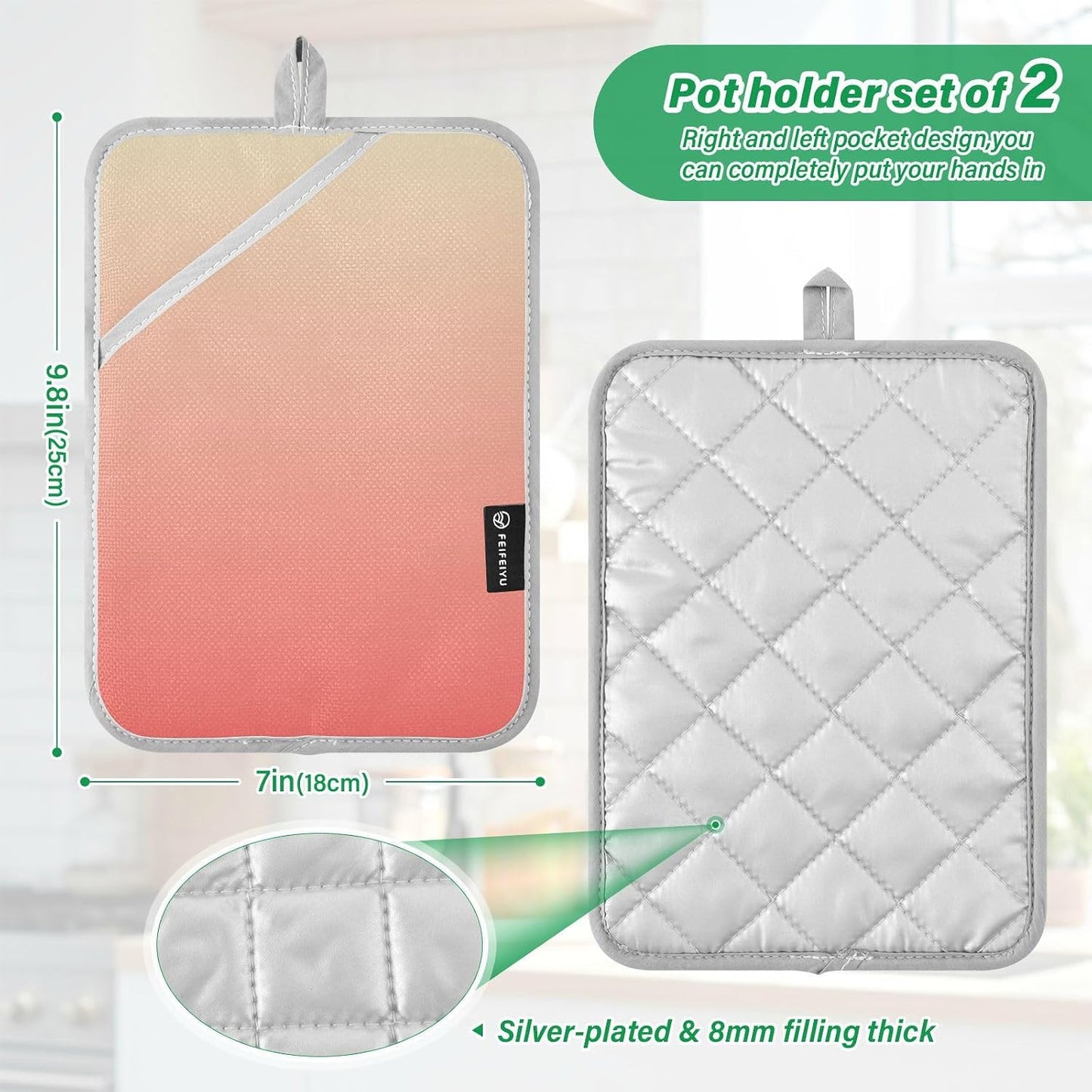 2 Pack Pot Holders, Solid Color Light Green Pink Gradient Oven Mitts Quilted Liner Trivets for Countertops Hot Pots and Pans, Square 7x9.8 in