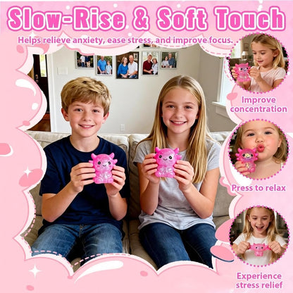Axolotl Squishy Stress Relief Toy – Glitter Fidget Toy Cute Squeeze Toy for Kids & Adults, Sensory Anxiety Relief Squishy Toy, Party Favor Desk Fidget (Pink Sitting Style)