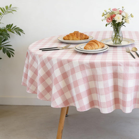 Gingham Vinyl Tablecloth with Flannel Backing, 60 Inch Round PEVA Waterproof Plastic Oilcloth, Wipeable Reusable Checkered Cover for Camping, Patio, Picnic, Kitchen, Pink Plaid