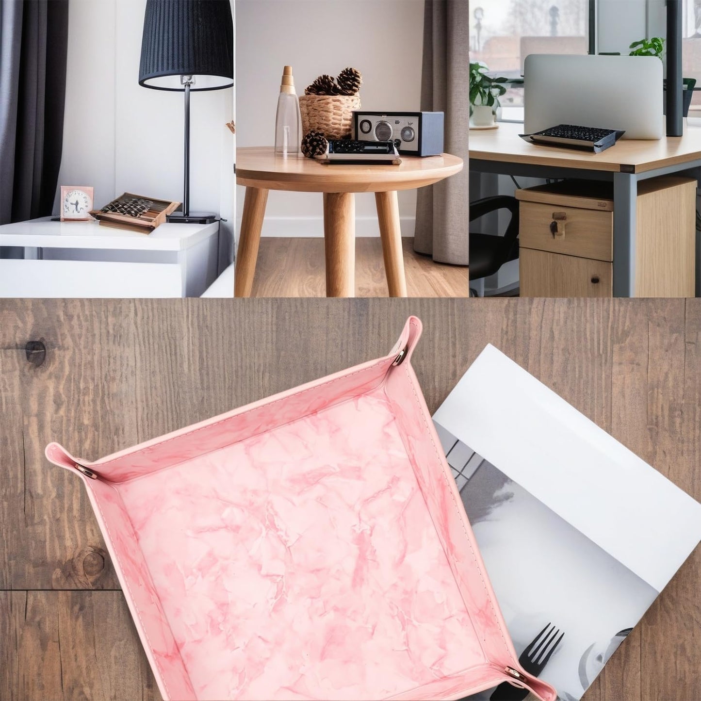 Valet Tray Desktop Storage Organizer – Vegan Leather Catchall Bedside Vanity Tray Nightstand Caddy Holder for Remote Controller, Watch, Keys, Phone, Wallet, Coin, Jewelry, Marble Pink