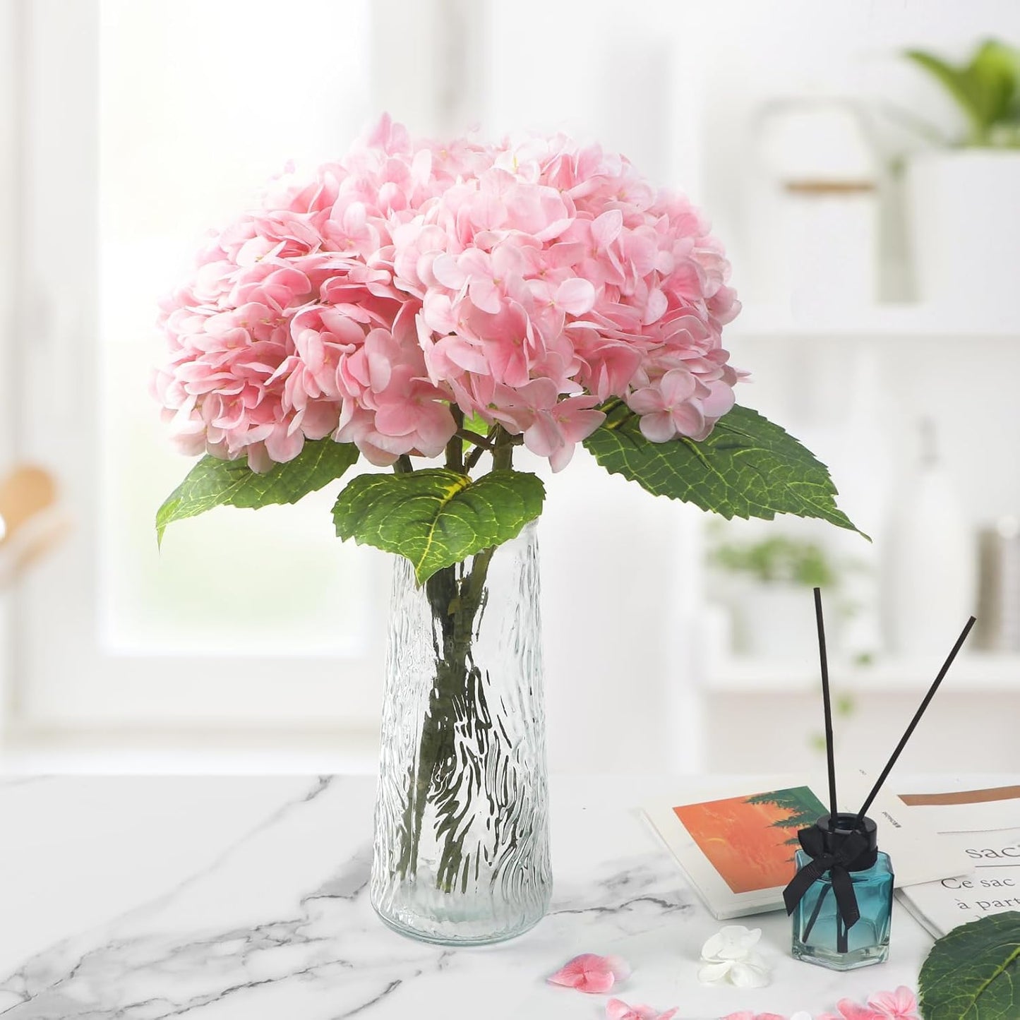 Kmise Hydrangea Artificial Flowers, 22” Real Touch Lifelike Latex Hydrangeas, Large Faux Hydrangea for Home Decor Wedding Bouquets, Pink, 3pcs