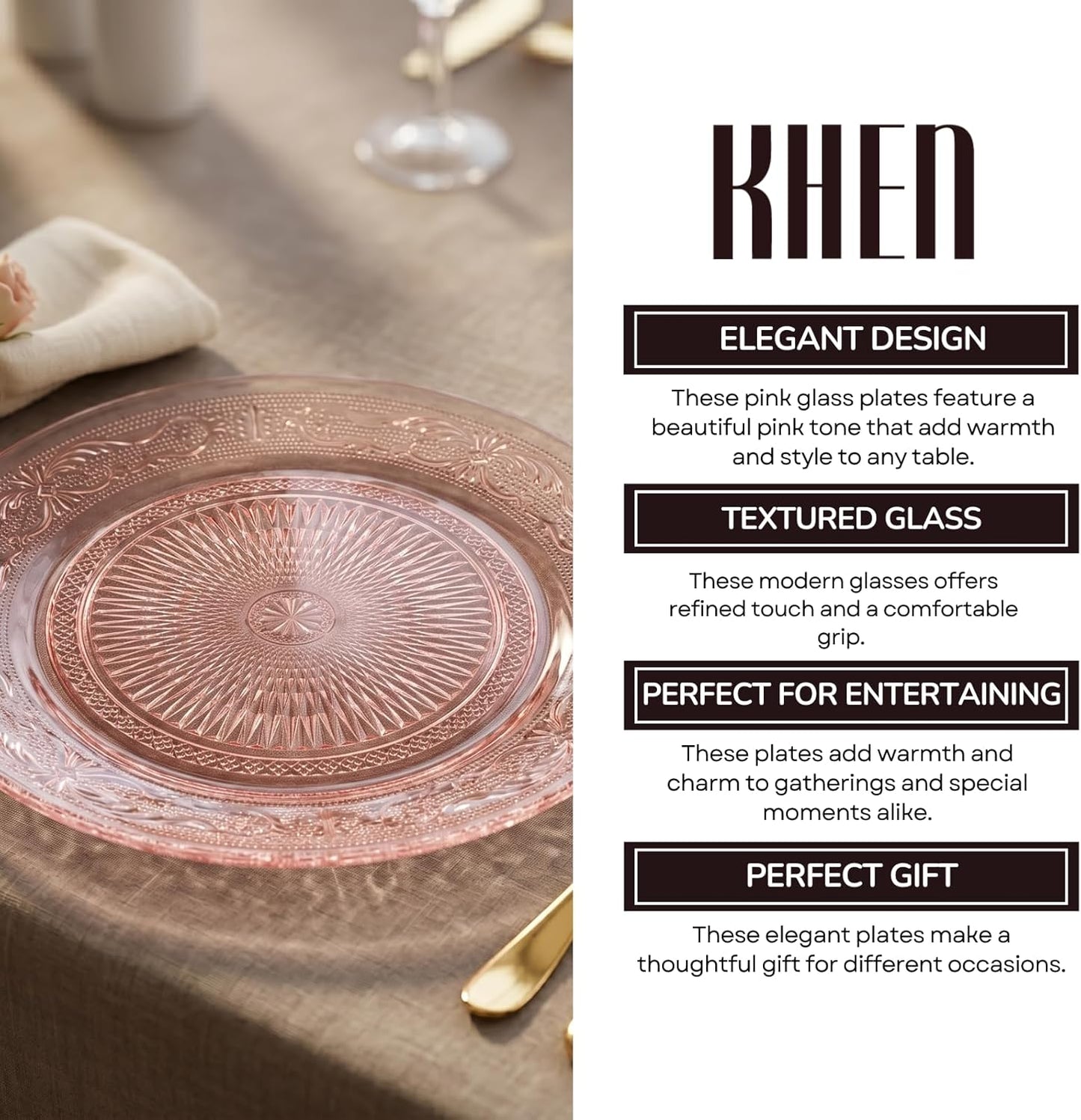 Art Deco Vintage Crystal Pink Plates | Set of 6 | Unique 10.5" Dinner or Charger Plates - Dinner, Charger, Dessert Server, Appetizer Plate, Snack, Fruit, Hand Wash, Housewarming Gift