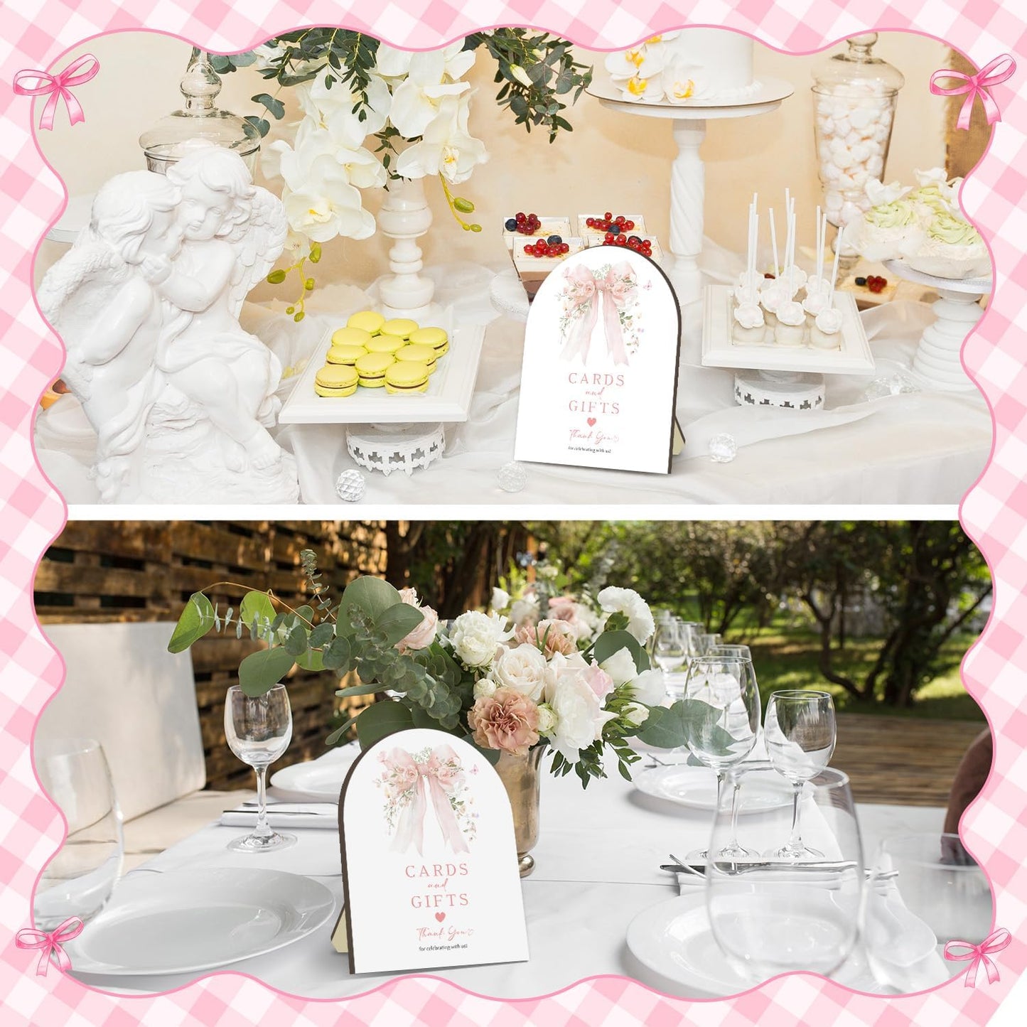 Pink Bow Bridal Shower Decorations,Cards and Gifts Sign, Bridal Shower Table Decor, Wooden Arch Sign with Stand for Gift Table, Wedding Reception, Engagement Party, 8 x 10 Inches