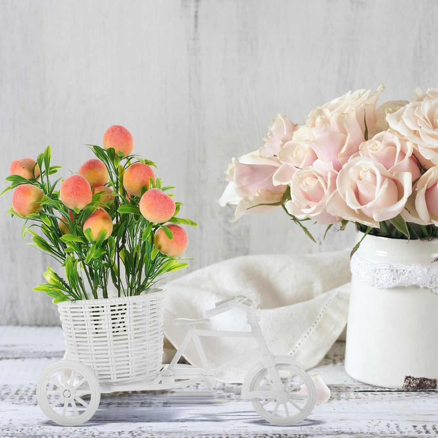 Beaupretty Artificial Peach Flowers and Bike Basket Set, Small Faux Floral Centerpiece with Plastic Pot, Wedding and Party Decor for Table Display