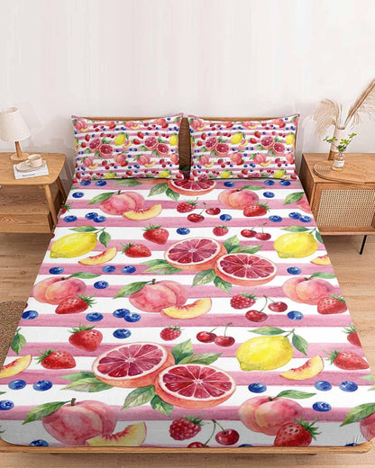Fitted Sheets Elastic Deep Pocket Bed Sheet Queen Summer Peach Lemon Grapefruit Soft Brushed Microfiber Bed Sheets Set, Blueberry Strawberry Pink Stripe Mattress Cover Up Fitted Sheet Pillowcase