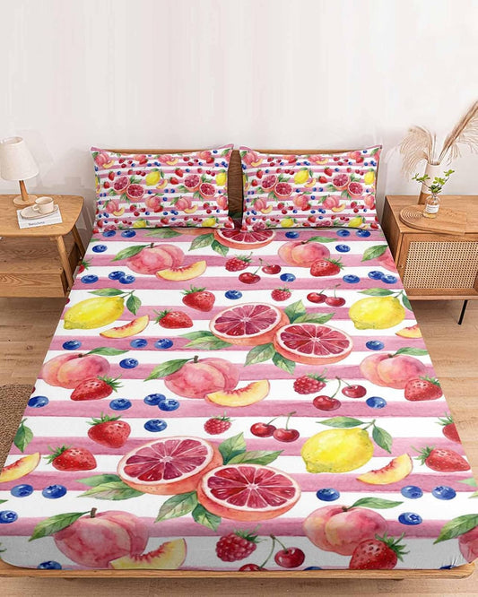 Fitted Sheets Elastic Deep Pocket Bed Sheet Queen Summer Peach Lemon Grapefruit Soft Brushed Microfiber Bed Sheets Set, Blueberry Strawberry Pink Stripe Mattress Cover Up Fitted Sheet Pillowcase