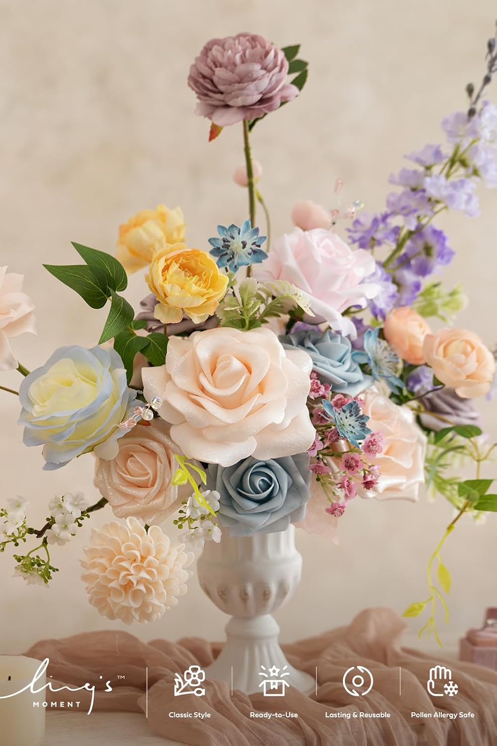 Ling's moment Fake Flowers Box, Faux Artificial Greenery Stems Foam Roses Gardenia Silk Ranunculus Fabic Flower for Centerpieces Bouquet Wedding Vase Decorations, Powder Blue & Peach, Deluxe Combo