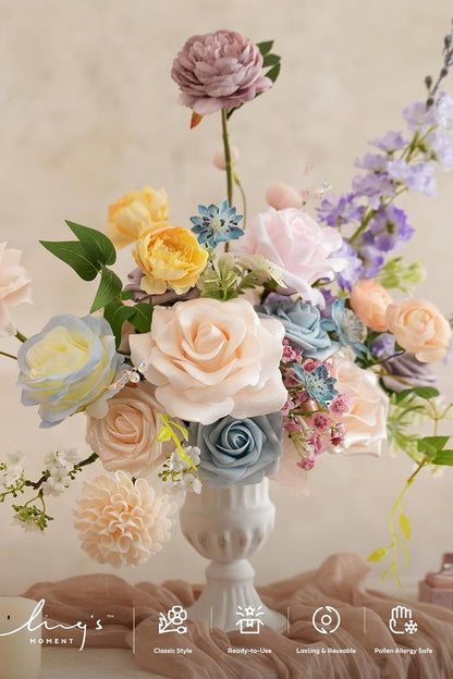 Ling's moment Fake Flowers Box, Faux Artificial Greenery Stems Foam Roses Gardenia Silk Ranunculus Fabic Flower for Centerpieces Bouquet Wedding Vase Decorations, Powder Blue & Peach, Deluxe Combo