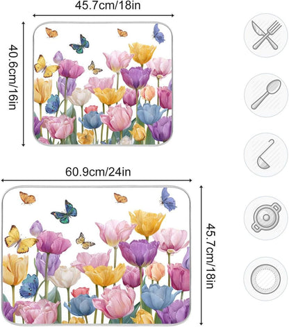 Light Pink Tulips Butterfly Dish Drying Mat for Kitchen Counter Drainer Rack Mats for Dishes Washable Absorbent Draining Heat Resistant Pad for Countertop 18x24