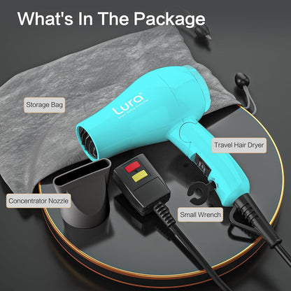 Foldable Travel Hair Dreyr Mini:Dual Voltage Lightweight Blow Dryer with Pouch,1200w Compact Pink Small Hair Dryer for Acrylic Paint Pouring(Turquoise Green)