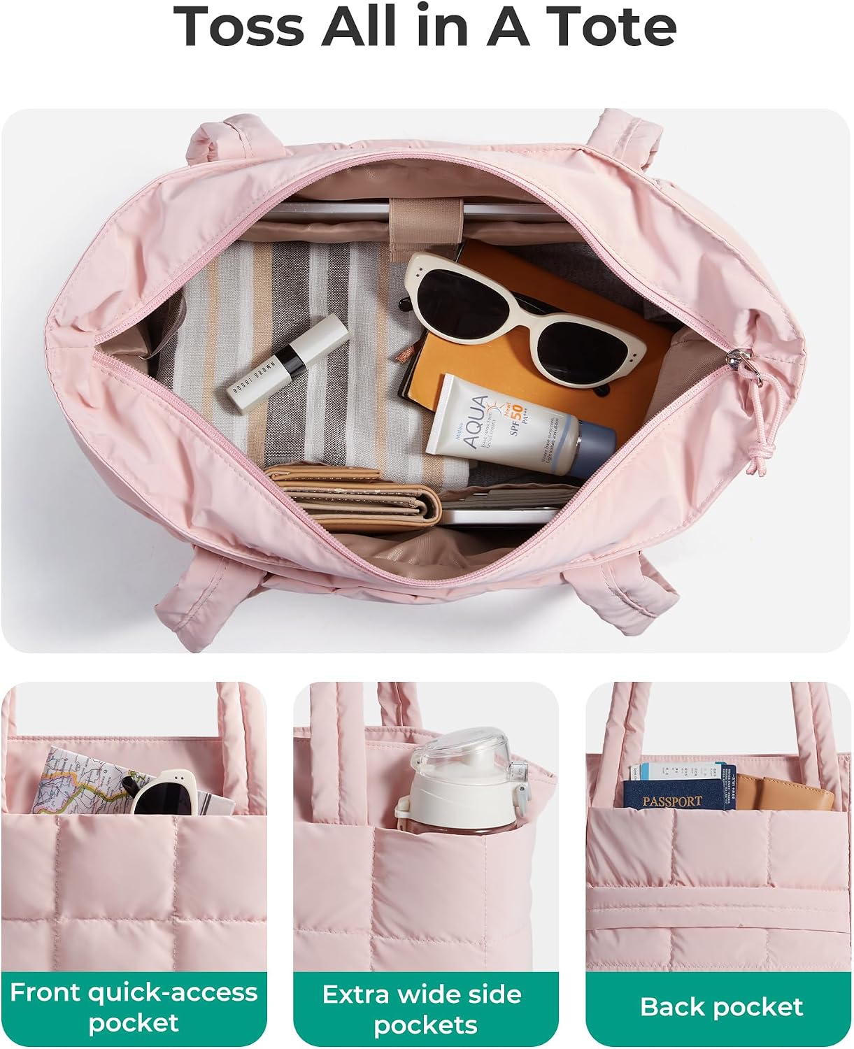 BAGSMART Expandable Tote Bag for Women, Puffer Work Tote Handbag, Quilted Carry On Bag for Travel Gym