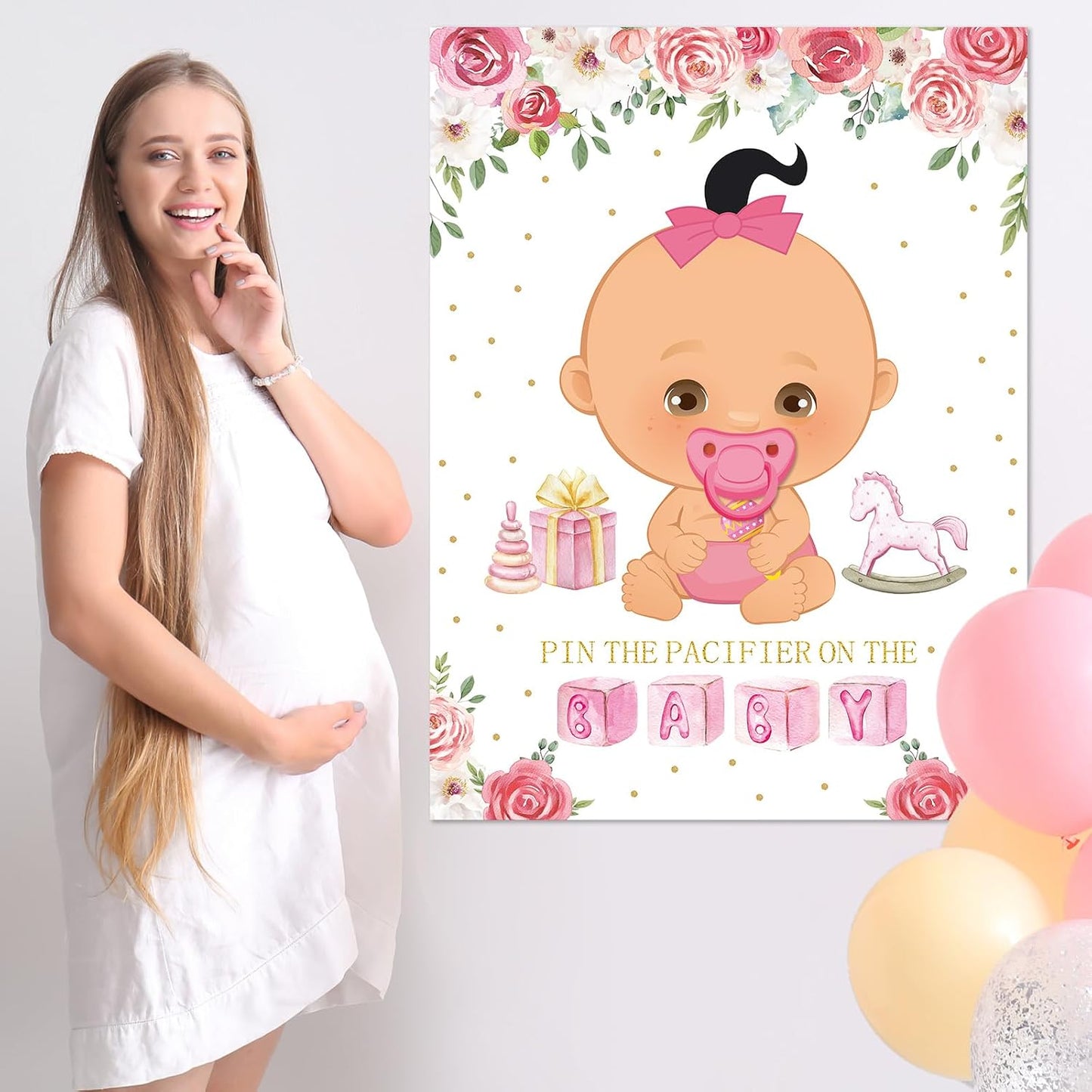 Faccito Pin The Pacifier Baby Shower Game Baby Shower Party Decorations Include Large Poster 24 Pacifier Stickers Blindfold Game Set for Birthday Party Decor Supplies(Pink,Fair)