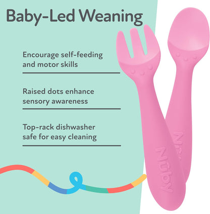 Nuby Silicone Easy Grip Fork & Spoon Set, 12+m in Pink