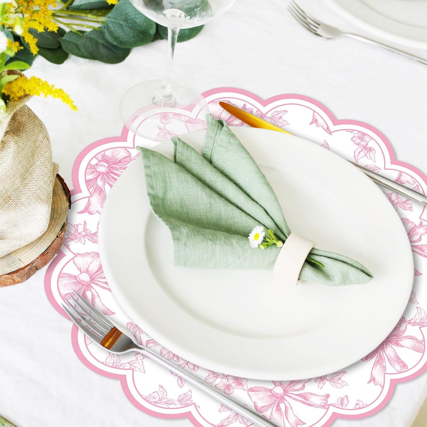 FYSUIMU 60Pcs Pink Floral Bow Scalloped Paper Placemats 13.5 Inch Vintage Flower Bow Disposable Place Mats Chinoiserie Table Mats for Coquette Party Dinner Table Setting