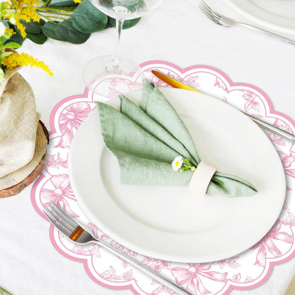 FYSUIMU 60Pcs Pink Floral Bow Scalloped Paper Placemats 13.5 Inch Vintage Flower Bow Disposable Place Mats Chinoiserie Table Mats for Coquette Party Dinner Table Setting