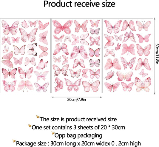 Glow in The Dark Pink Butterfly Wall Decals，Glowing Luminous Watercolor Butterfly Wall Stickers Removable self-Adhesive Butterfly Decals for Girls Bedroom Kids Baby Nursery Living Room Decor