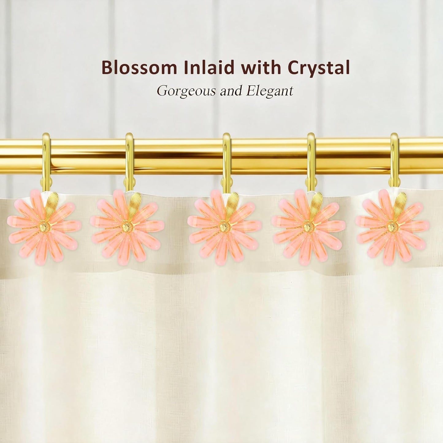 Shower Curtain Hooks, Rust Resistant Cute Daisy Metal Decorative Shower Rings Hangers Set of 12 for Bathroom Curtains,Clothing, Towels (Gold Pink)