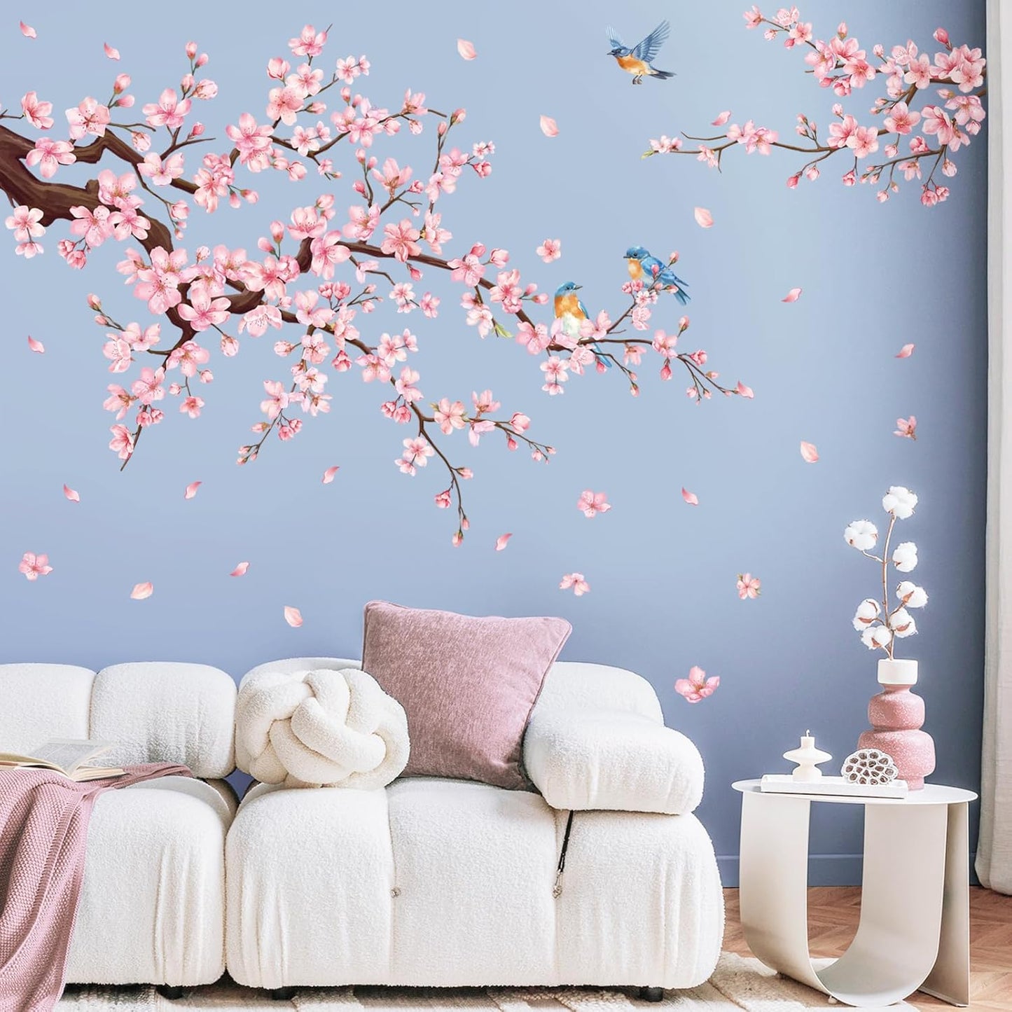 SHUCHING Cherry Blossom Wall Decals Peel and Stick, Pink Flower Branch Wall Sticker, Wall Decor Art for Girls Bedroom Living Room