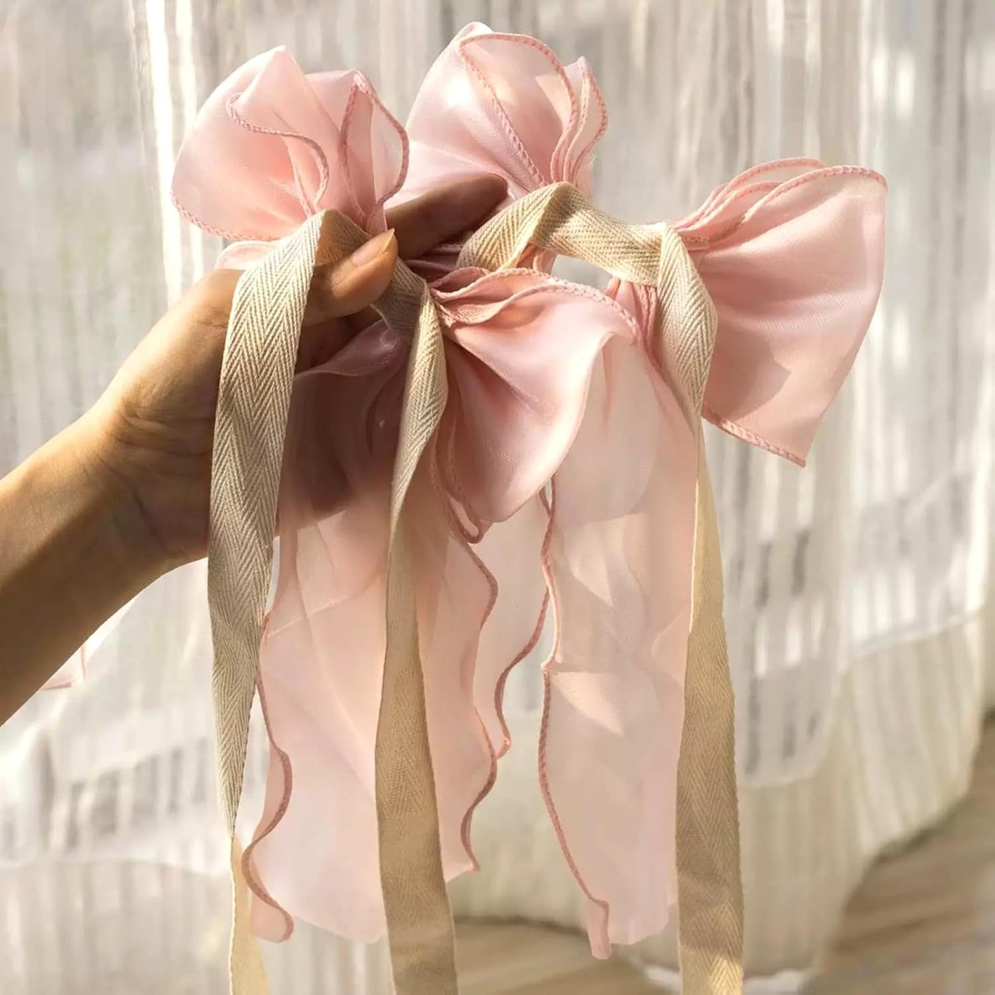 2 Pack French Silky Bow Curtain Tiebacks, Elegant Lace Ribbon for Curtains Decorative Rope Accessories Home Décor (Pink,2)