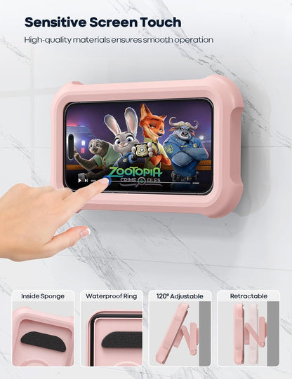 Lamicall Waterproof Shower Phone Holder - Shower Bathroom Bath Cellphone Accessories for Women Girls, Christmas iPhone Accessories Case Wall Mount Stand, Gift Gadget for 4-7" Phones, Pink